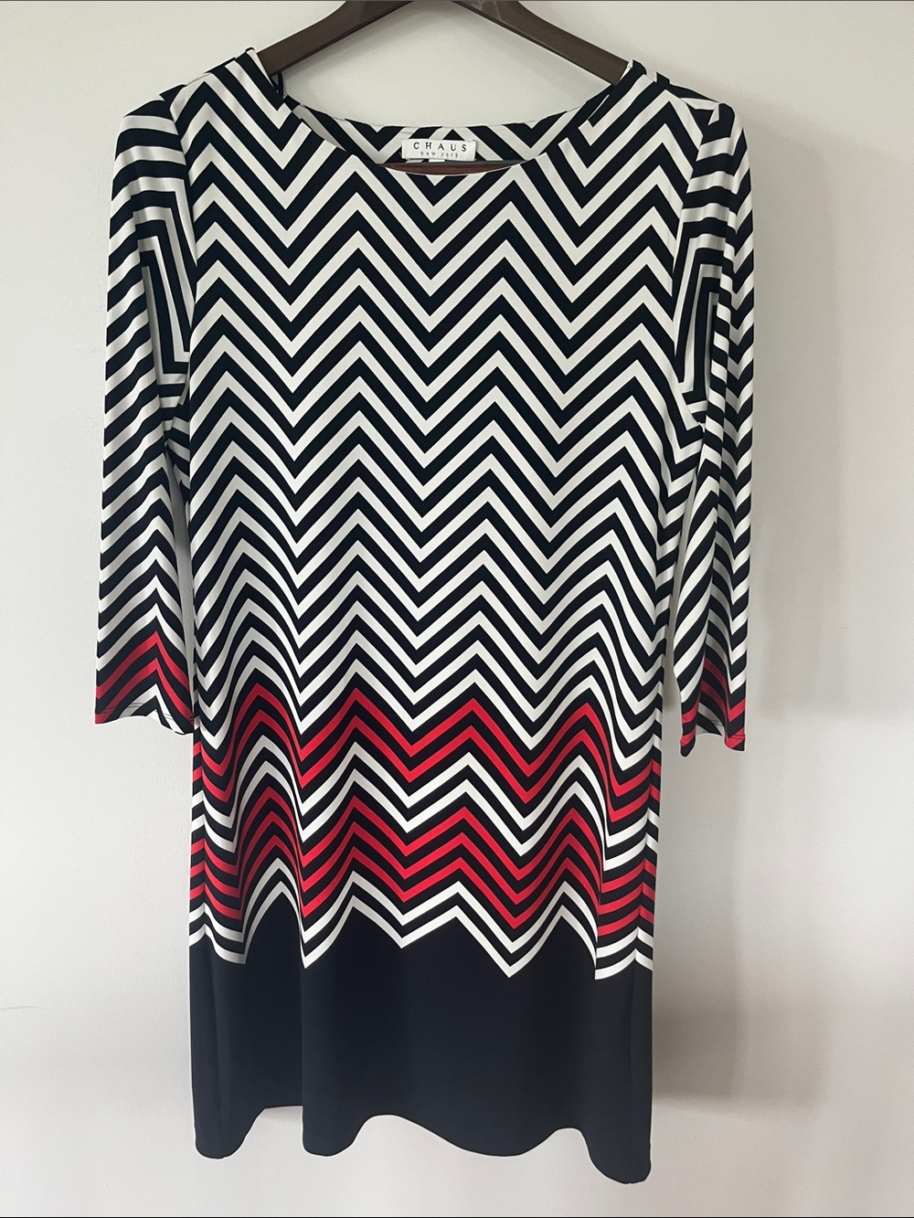 Chaus Navy Blue, White & Red Chevron Shift Dress